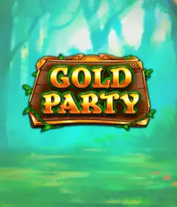 Discover the enchanted forest of the Gold Party game by Pragmatic Play, featuring a rustically styled wooden sign decorated with golden letters. The background features a misty green forest which adds a touch of enchantment to the overall ambiance. Ideal for players who love enchanted forest settings, offering a whimsical escape. 